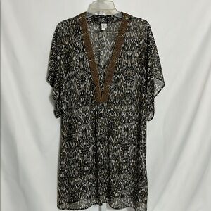 Women’s Large Animal Print Sequins Black Brown Patterned Tunic Long Sheer Blouse